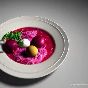 AI Driven Recipe Borscht with Beet-Pickled Quail Eggs