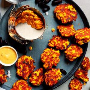 AI Driven Recipe Spicy Southwest Corn Fritters with Chipotle Aioli and side of black beans (1)