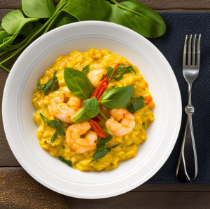 Spicy_Saffron_Risotto_with_Fried_Prawns_and_Arugul